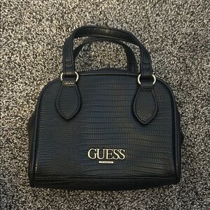 GUESS Black Croc-Embossed Satchel with Gold Hardware